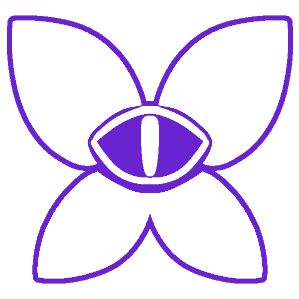 A purple eye framed by white fairy wings, outlined in purple.